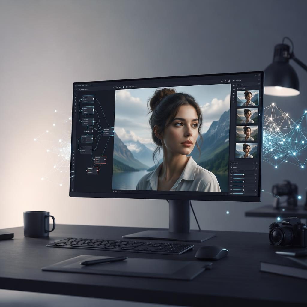 Fotorealistische studio met strakke monitor waarop een ai image picture wordt gemaakt, met subtiele ML-graphics.