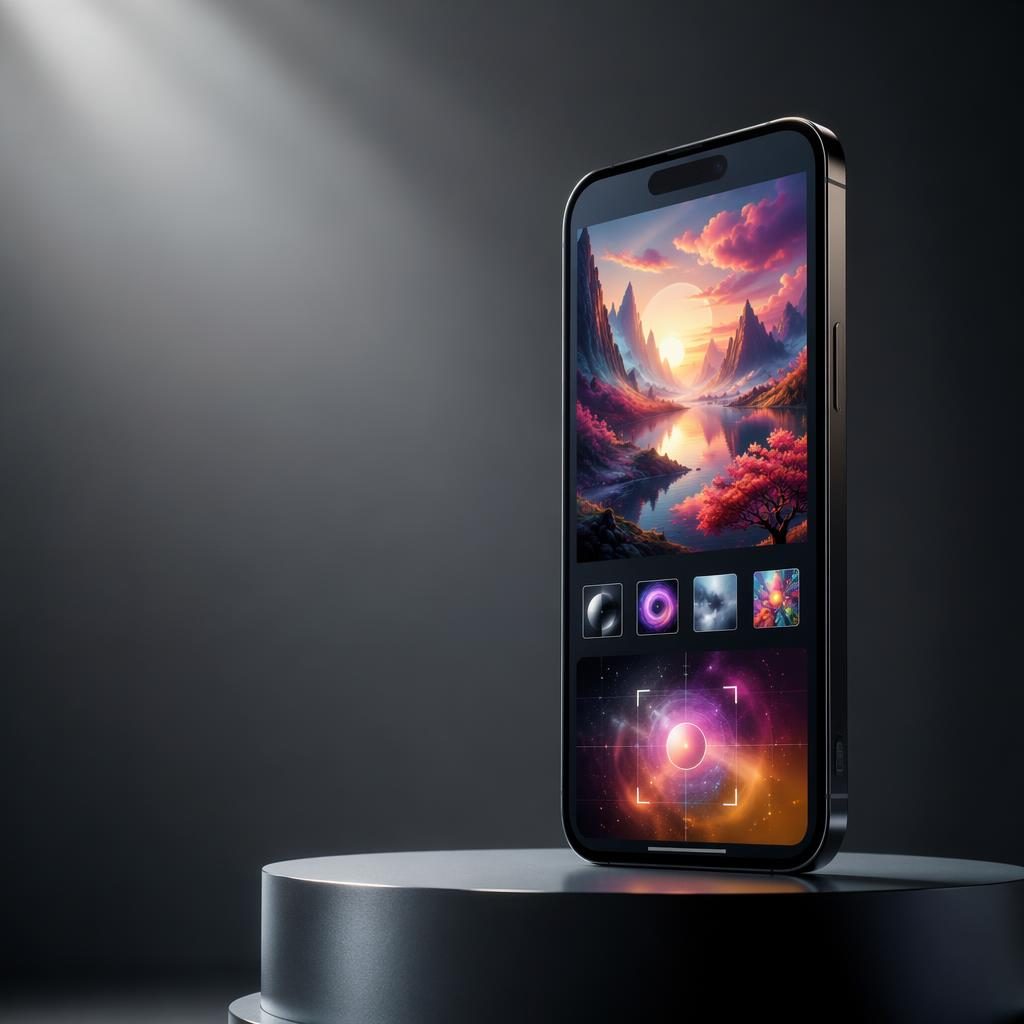 Smartphone premium sur piédestal en studio affichant une interface visuelle abstraite de générateur d'image ia