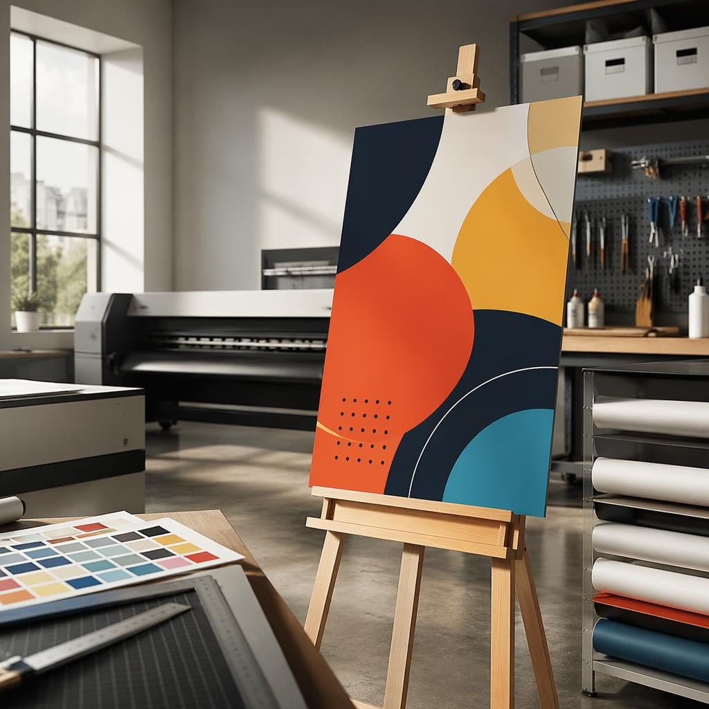 Póster recién impreso sobre caballete en estudio de imprenta moderno con herramientas de corte y paneles de exhibición