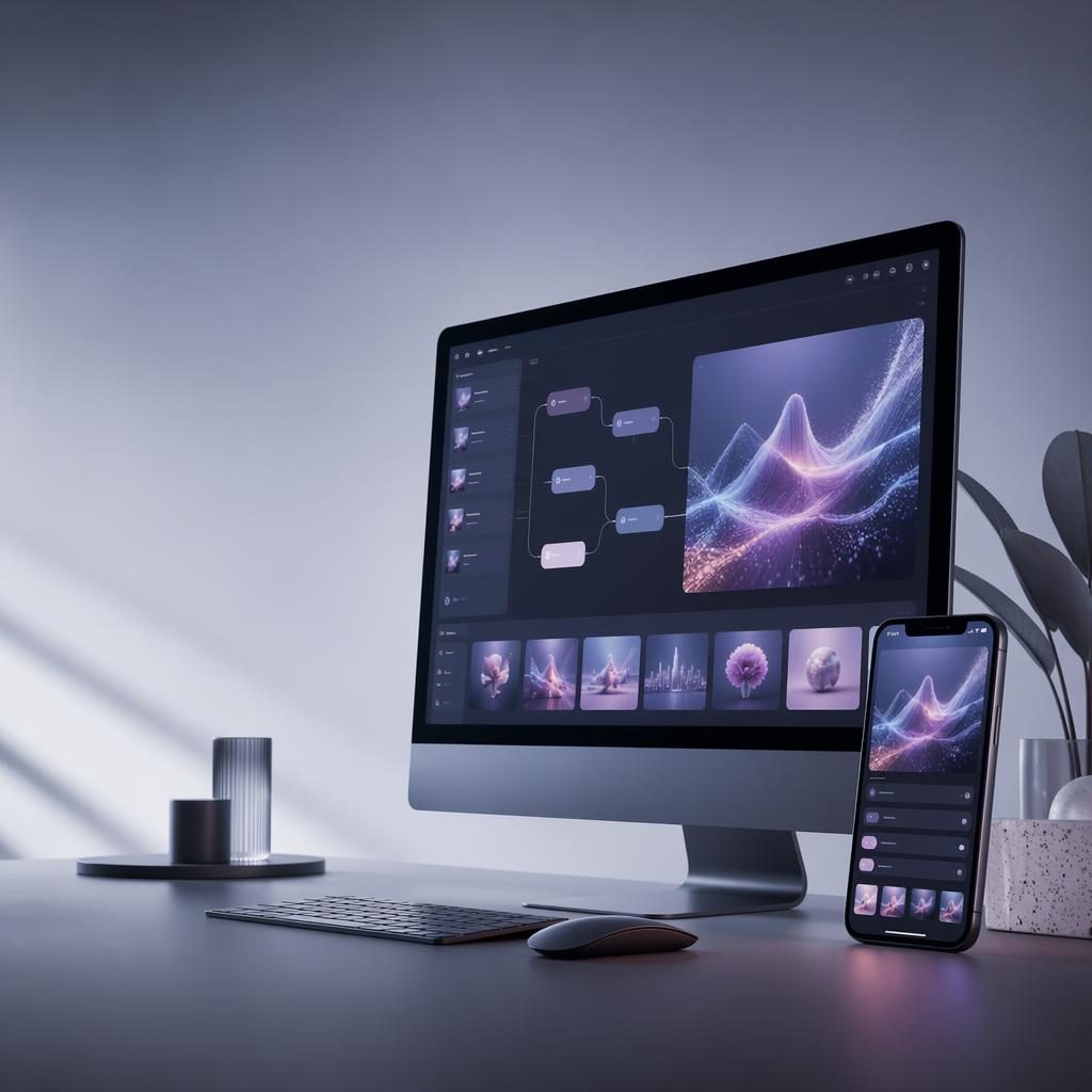 Minimal tech ad creative showing a sleek desktop dashboard and smartphone UI with AI-generated workflow visuals.