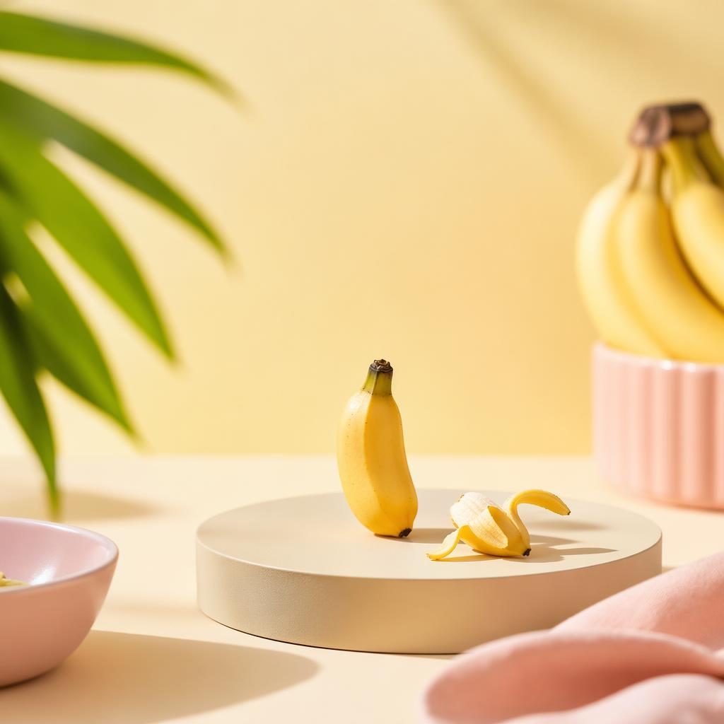 Photorealistic tiny banana centered on a soft pastel studio set with subtle props and clean space for ad text