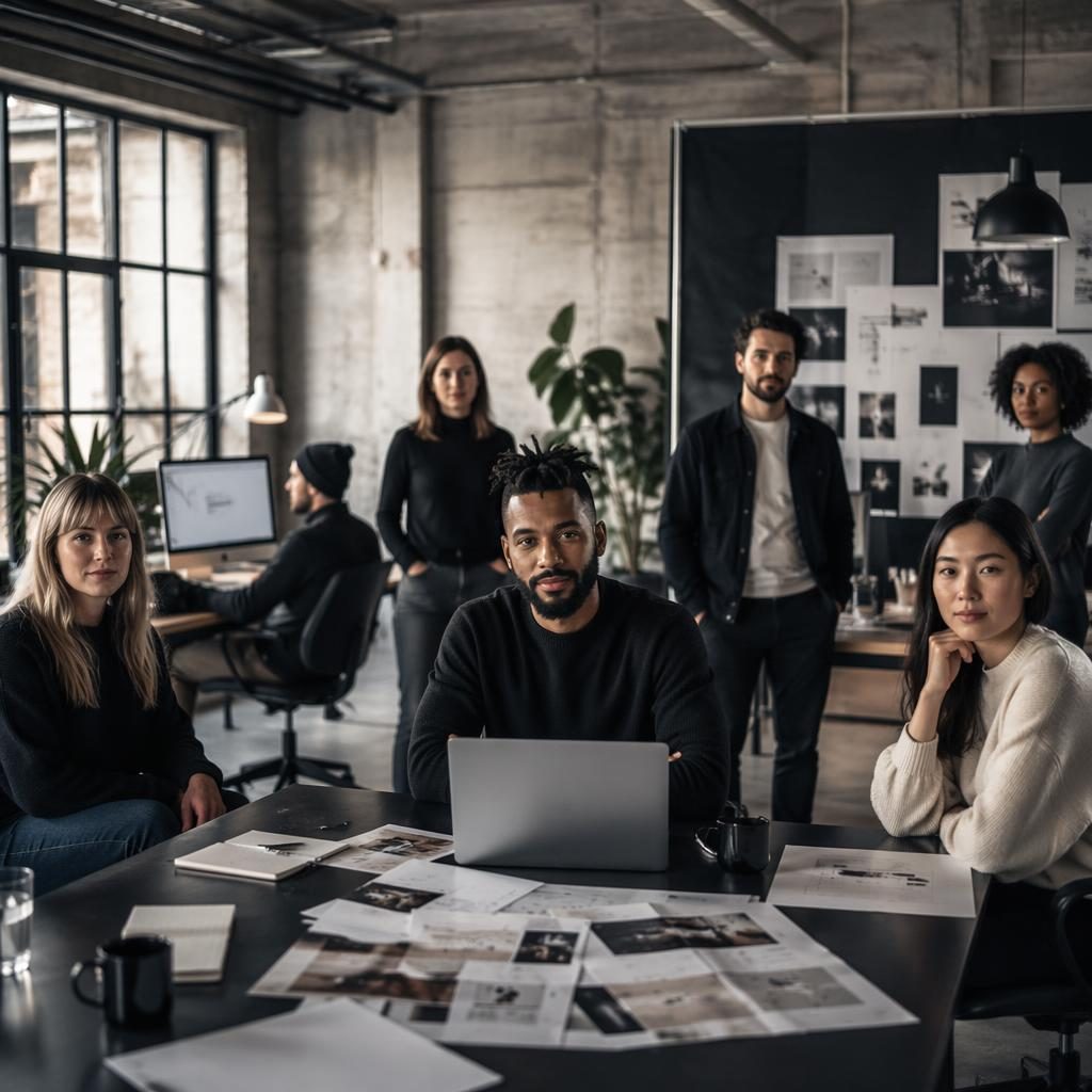 Wide agency studio scene with a diverse creative team, concrete interiors, and edgy editorial lighting