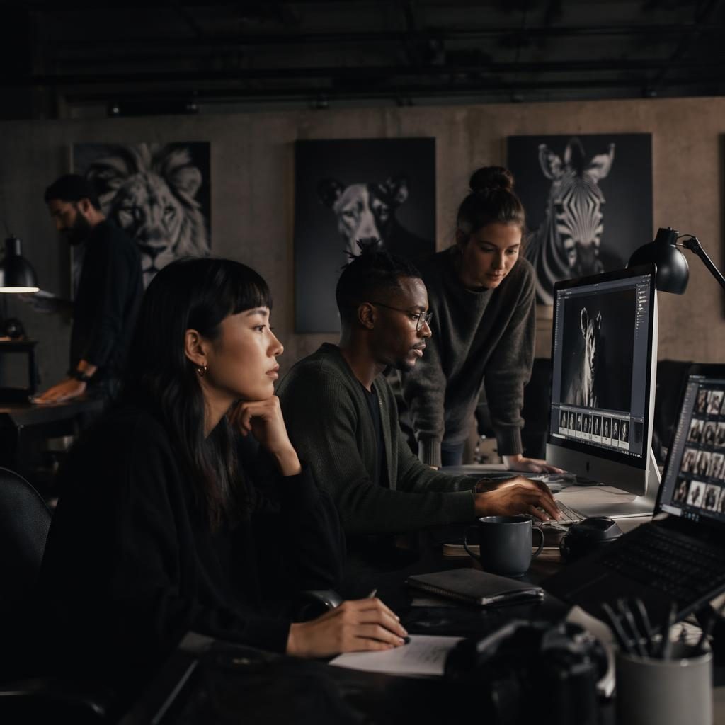 Diverses PR-Agentur-Team arbeitet an Bildschirmen in dunklem, editorial beleuchtetem Studio ohne sichtbare Logos.