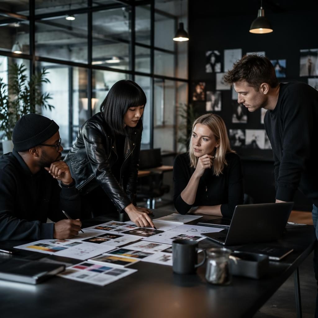 Diverse digital marketing team brainstorming in an edgy black-accent studio with editorial lighting and tasteful framing.