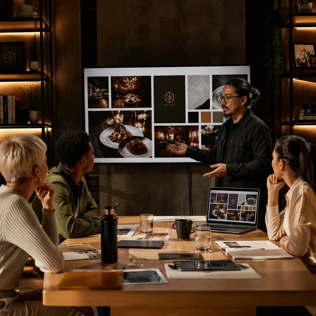 Diverse creative team in a warm boutique studio presenting a client pitch with editorial lighting and tasteful framing.