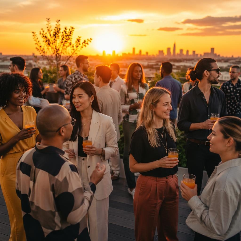 Equipo diverso de agencia creativa en una azotea al atardecer, con el sol dorado, ciudad al fondo y estilo editorial