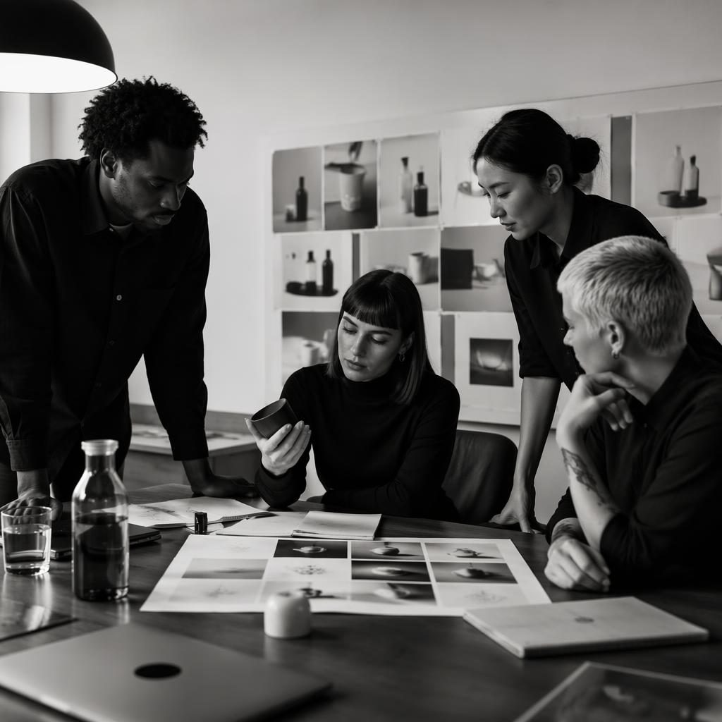 Diverses Kreativteam beim Brainstorming in monochromem Studio mit editorialem Licht und minimaler Agentur-Ästhetik