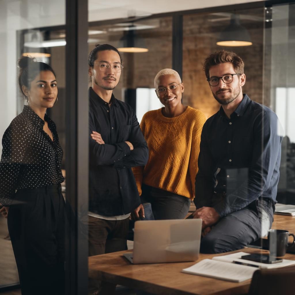 Diverse Gründer eines B2B-Strategie-Teams stehen hinter Glaswänden im Büro, warmes Licht, editorial inszeniert.
