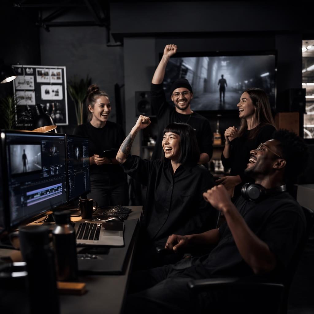 Diverse video production agency team celebrating a launch in a dark studio with black accents and editorial lighting