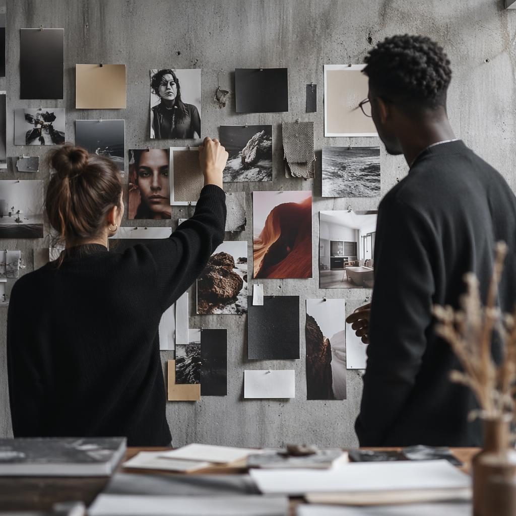 Nahaufnahme einer Moodboard-Wand in einem Studio mit Betonoptik, Editorial-Licht und diversen Teammitgliedern im Hintergrund