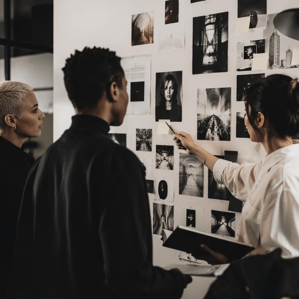 Nahaufnahme einer monochromen Moodboard-Wand in einer PR-Agentur mit editorialer Beleuchtung und diversen Teamdetails
