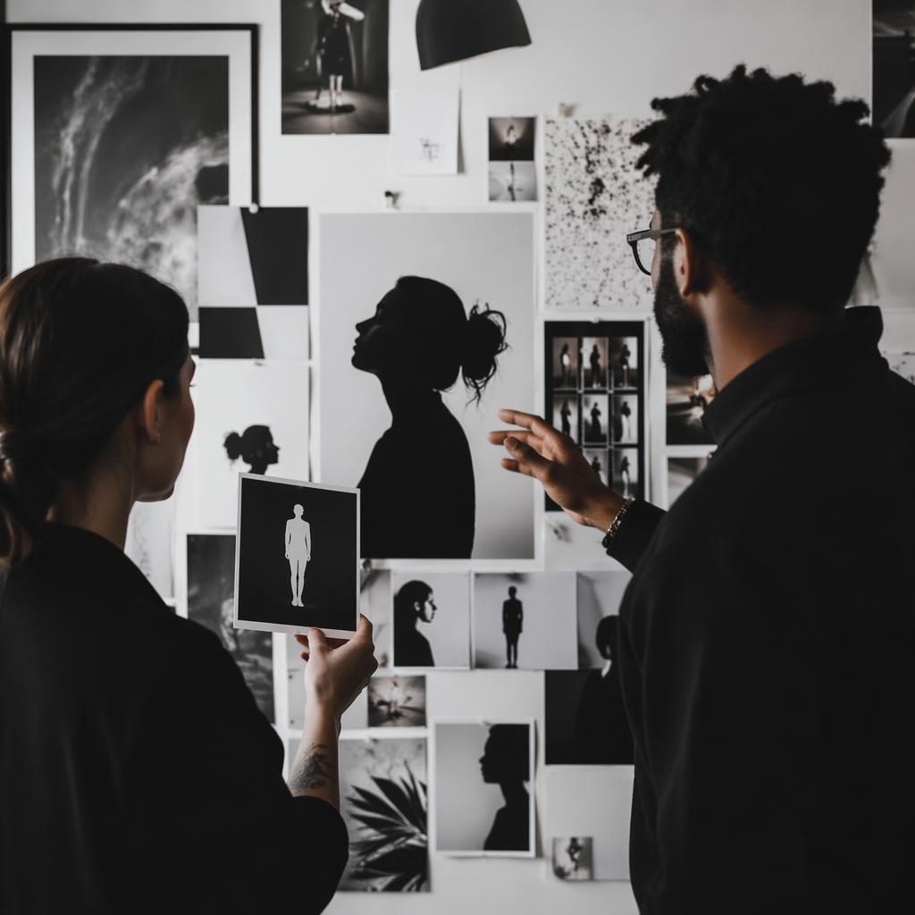 Nahaufnahme einer Moodboard-Wand im Kreativstudio mit monochromen Bildern, Magazinlicht und diversen Teammitgliedern im Studio