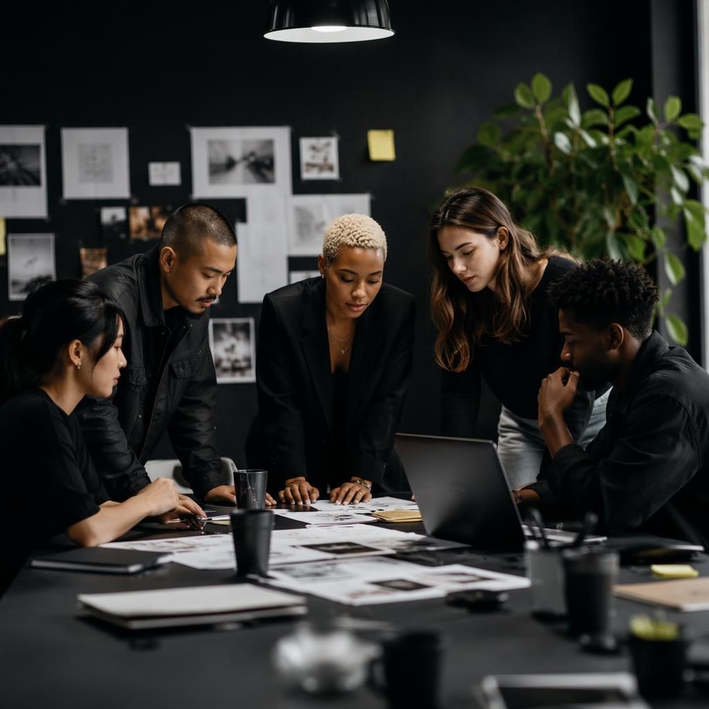 Marketing / creative agency brand photograph: creative brainstorming. Agency kind: digital marketing. edgy black and acc