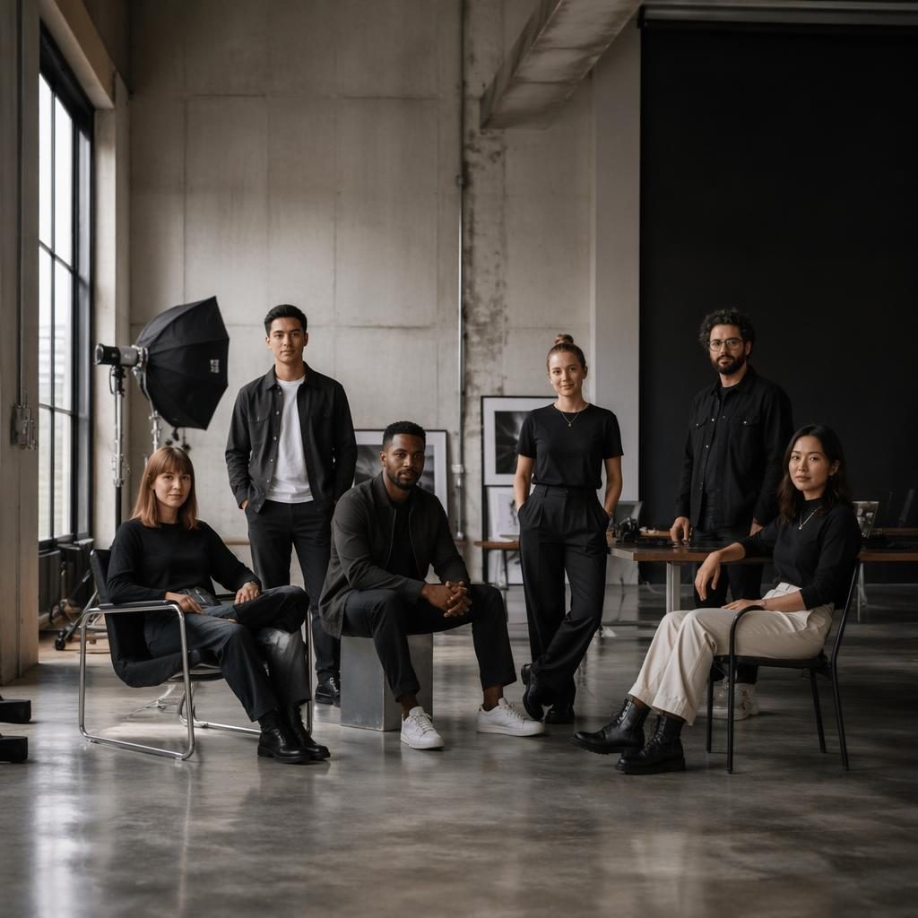 Weites Agenturstudio mit diverser Teamrunde, Betonoptik, editorial Licht und moderner B2B-Strategie-Atmosphäre.