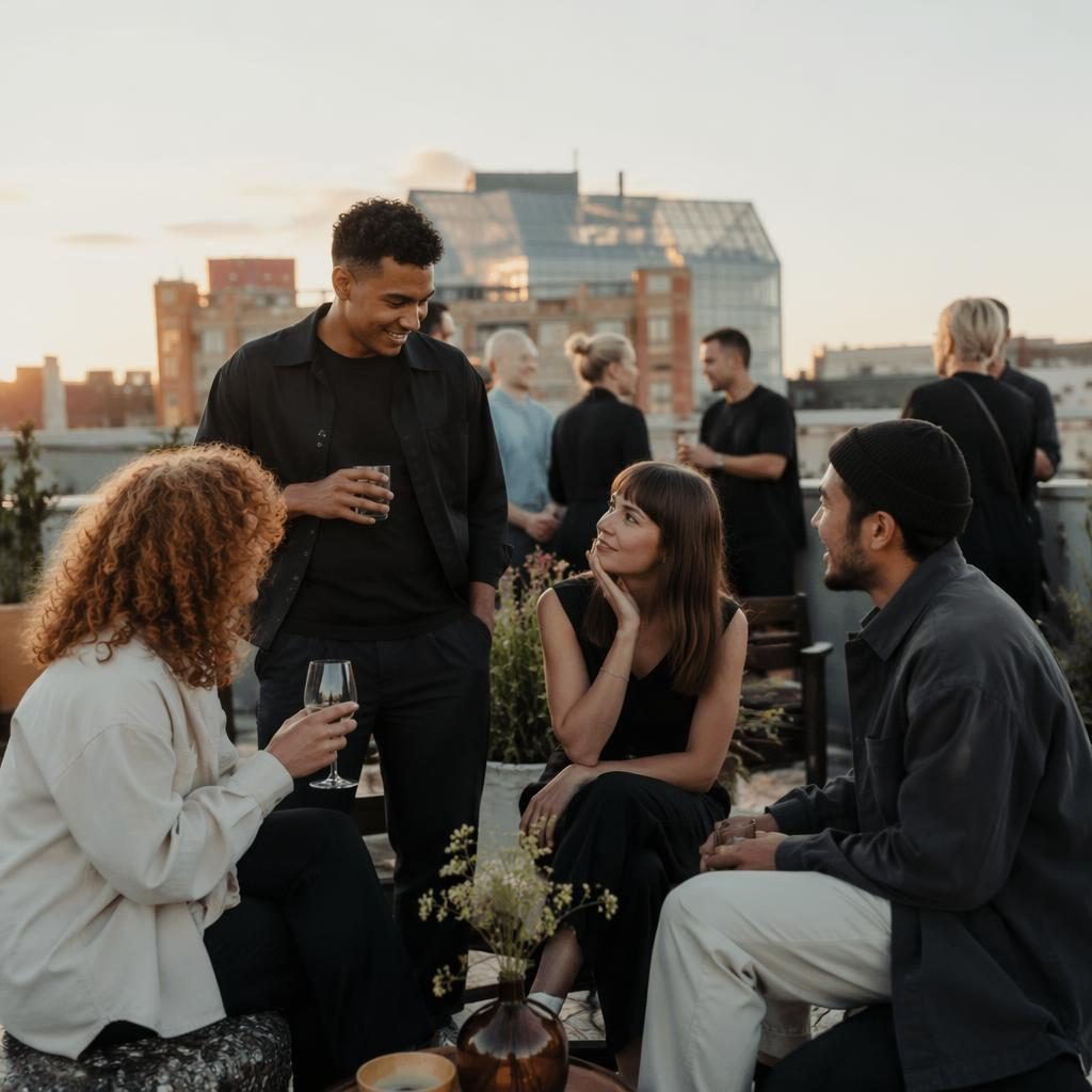 Diverses Team eines Designstudios bei einem Rooftop-Event, warmes Boutique-Farbkonzept, edgy Editorial-Licht