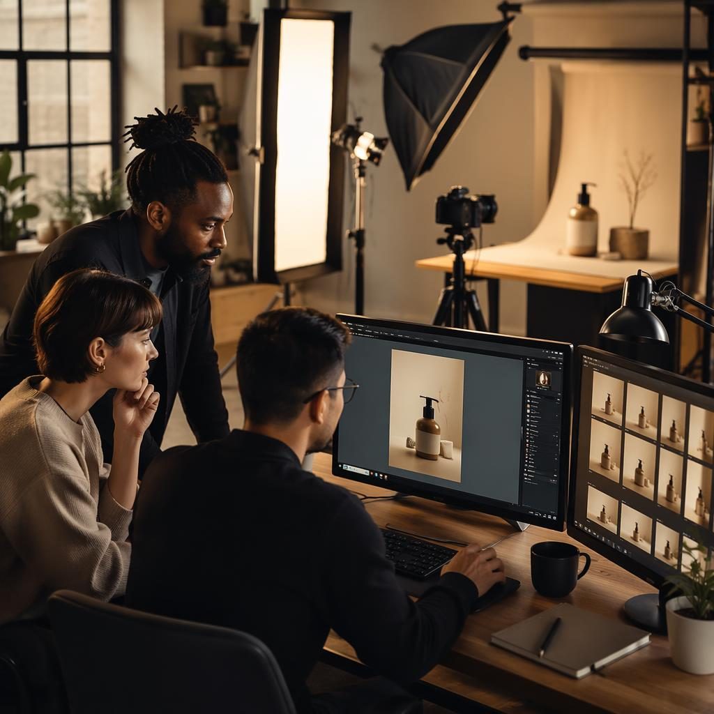 Diverses Kreativteam arbeitet an Bildschirmen in warmer Agenturkulisse mit editorialer Lichtstimmung.