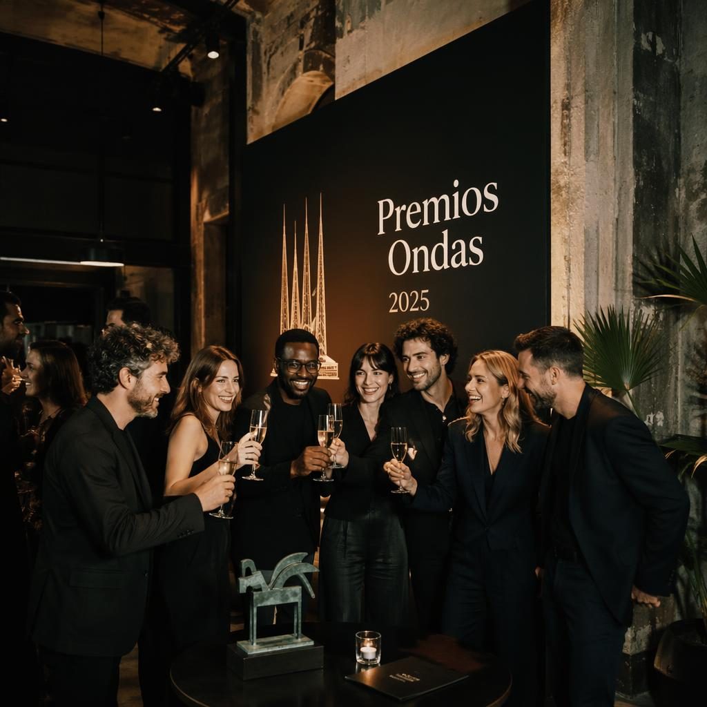 Equipo diverso de agencia PR celebra con copas en estudio elegante de estilo Barcelona con cartel Premios Ondas 2025