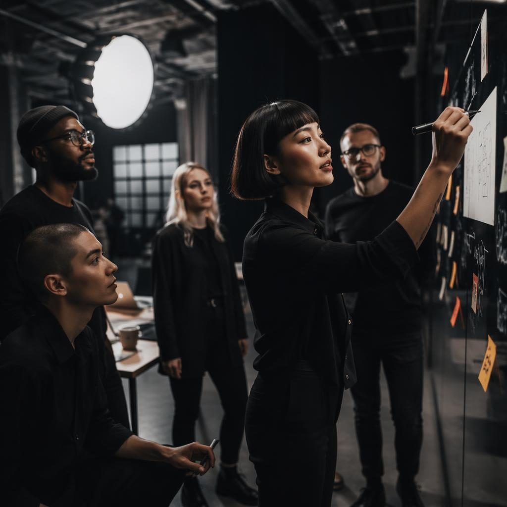 Diverses Kreativteam beim Brainstorming im edgy schwarz akzentuierten dauerlicht fotostudio mit Magazin-Licht