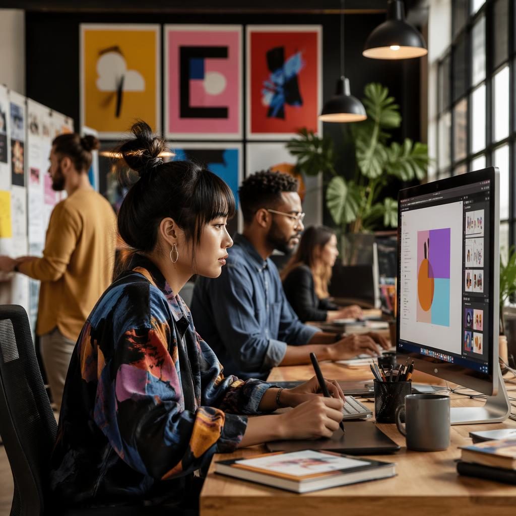 Diverse digital marketing agency team working at screens in a vibrant studio with edgy editorial lighting