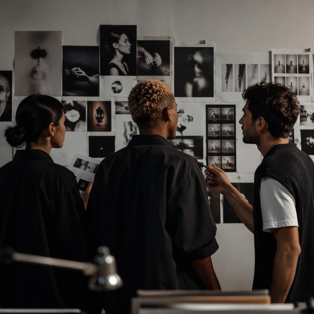 Nahaufnahme einer Moodboard-Wand in einer PR-Agentur im monochromen Studio-Look mit editorialer Lichtstimmung