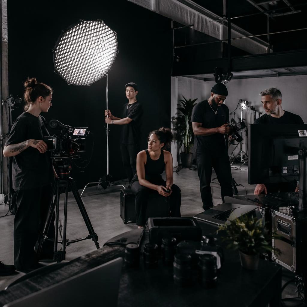 Weites Agenturstudio einer Videoproduktion mit diversen Teammitgliedern, schwarzer Akzentpalette und editorial Licht.