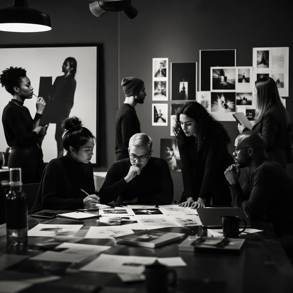 Wide PR agency studio scene with a diverse creative team, monochrome styling, and edgy editorial lighting.