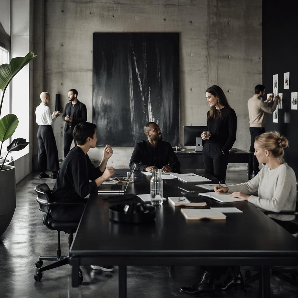 Weites Agenturstudio mit diversem Team, Betonoptik, editorialem Licht und moderner B2B-Strategie-Atmosphäre.