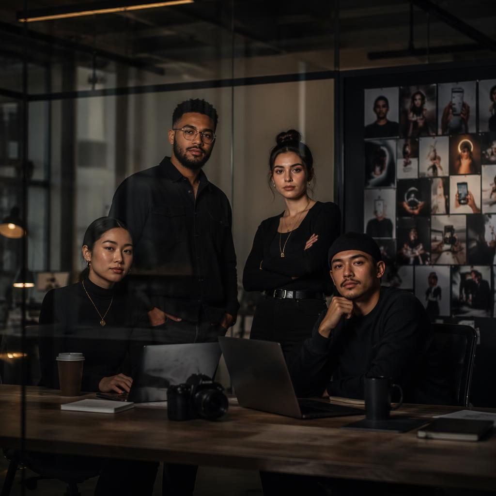 Diverse social media agency founders stand behind a glass office wall in dark, moody editorial lighting.
