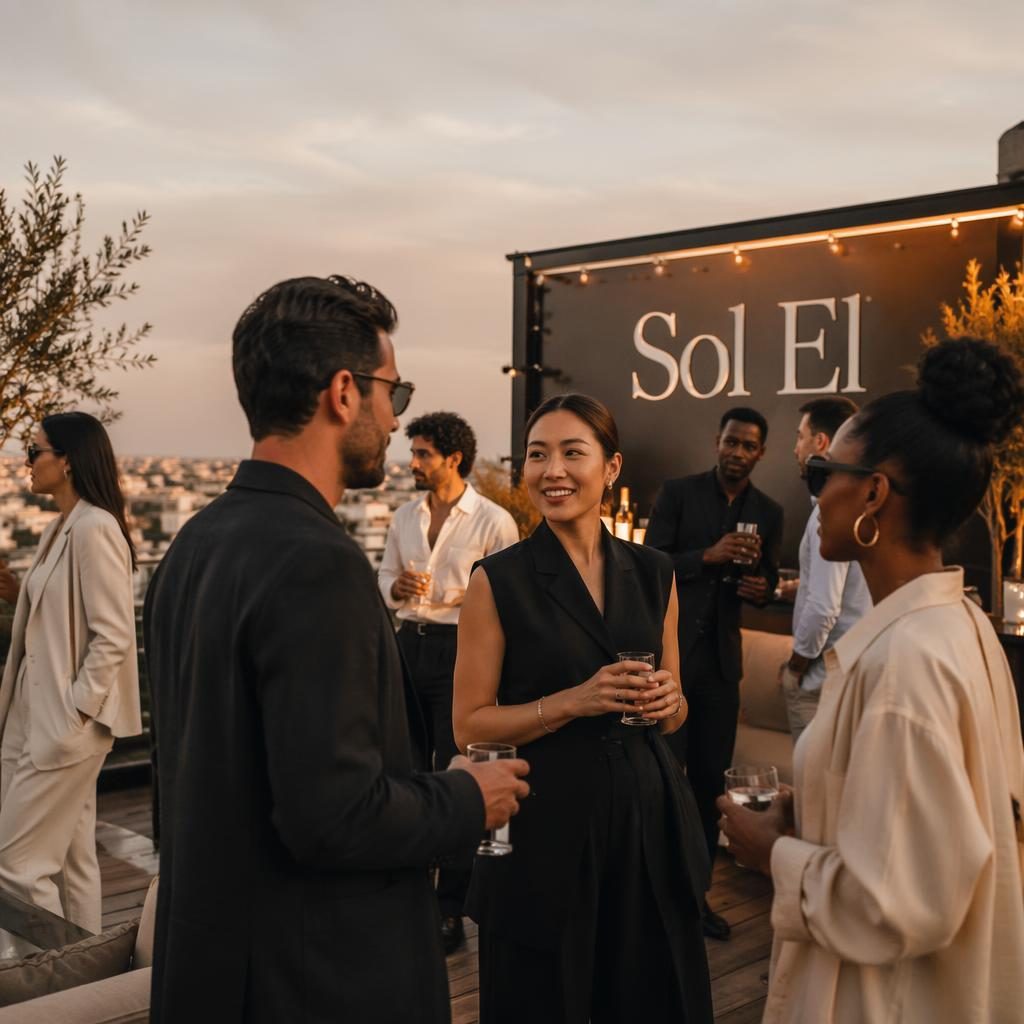 Equipo diverso de adultos en rooftop al atardecer con letrero tipográfico Sol El, moda contemporánea y ambiente editorial.