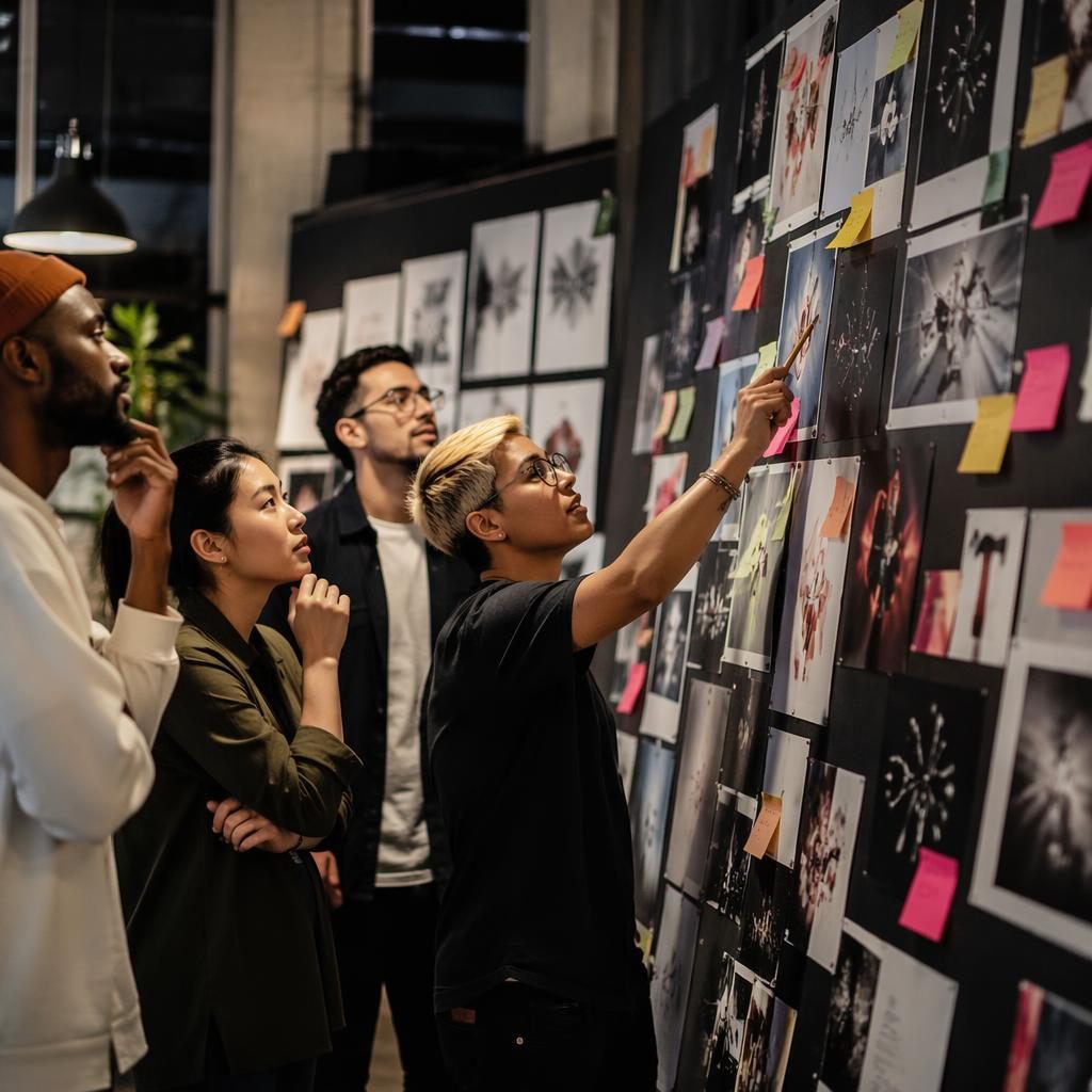 Close-up of a digital marketing agency moodboard wall in black tones with editorial lighting and diverse team details.
