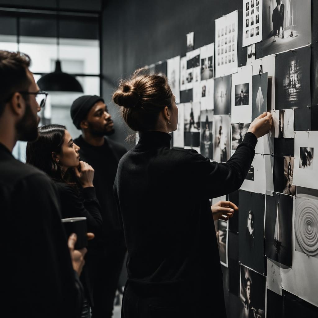 Close-up of a monochrome moodboard wall in a social media agency with editorial lighting and a diverse team nearby