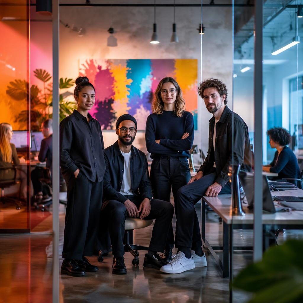 Diverse Gründer eines Digital-Marketing-Teams hinter Glaswänden im modernen Büro, mit farbiger Editorial-Lichtstimmung