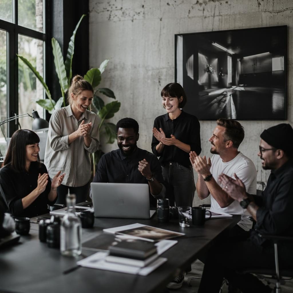 Diverses SEO- und Content-Team feiert Launch in Studio mit Betonoptik, editorial Licht und moderner Agenturästhetik.