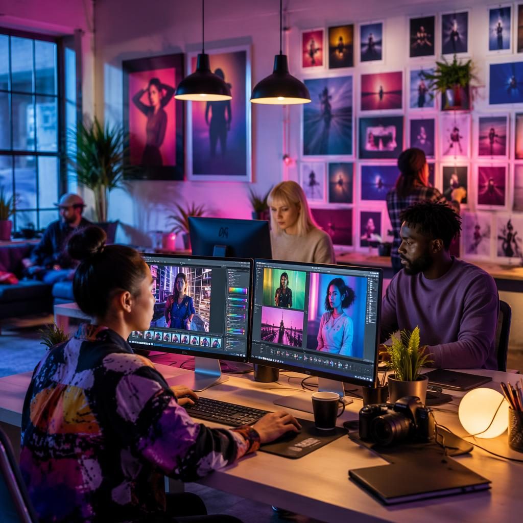 Diverses Kreativteam an Bildschirmen in einem lebendigen Digital-Marketing-Studio mit editorialer Lichtstimmung.