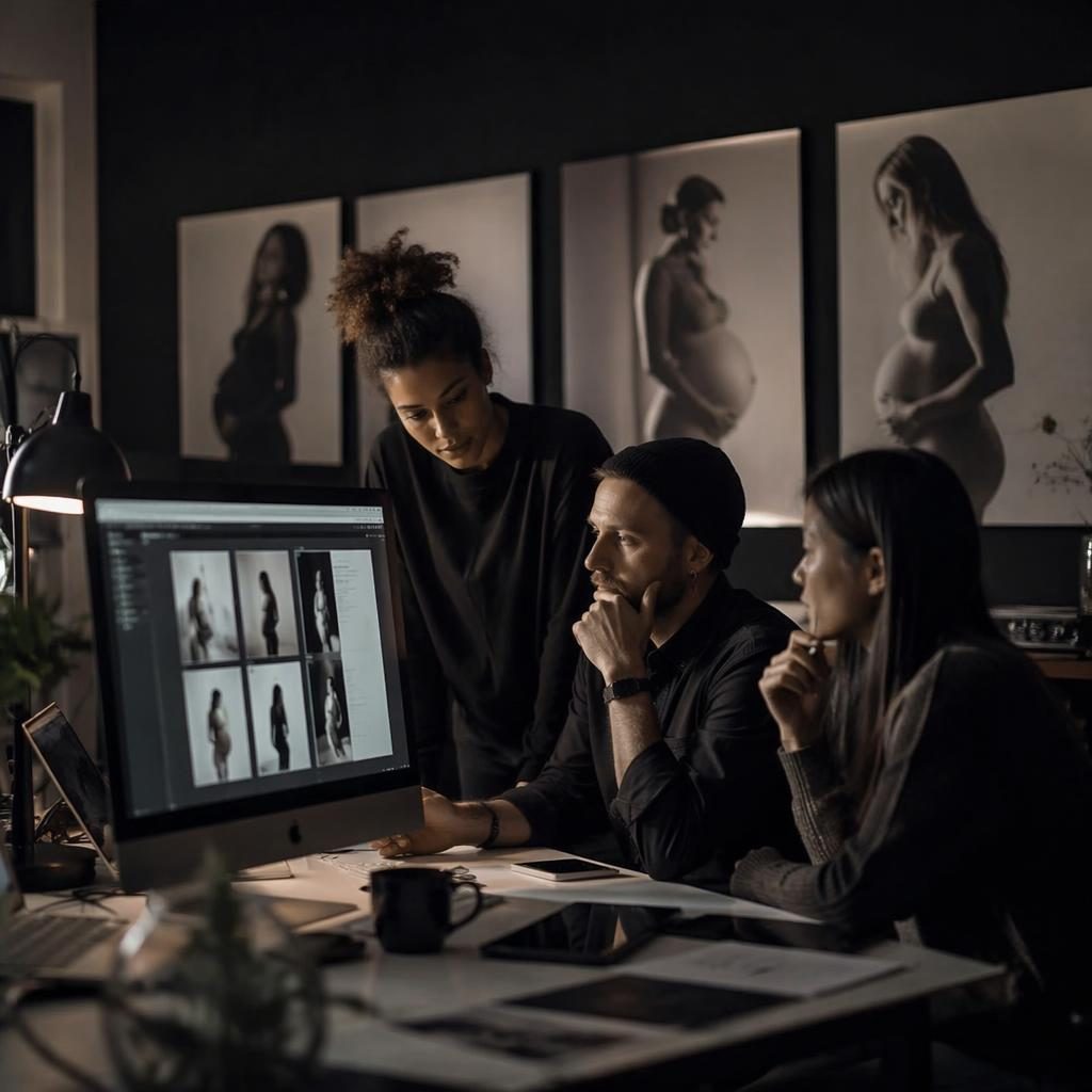 Diverses Kreativteam arbeitet an Bildschirmen in dunklem Studio mit editorial Licht und moody Farbpalette.