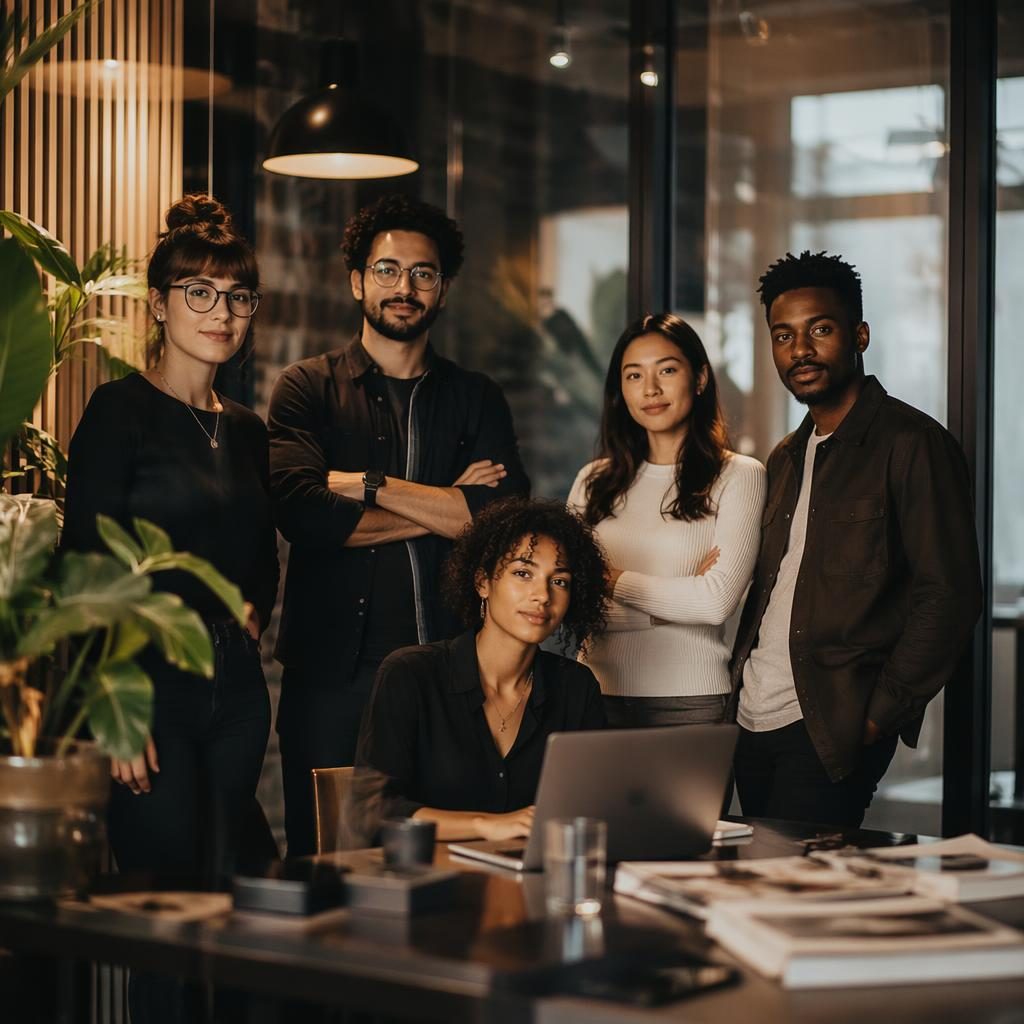 Diverse Gründer eines SEO- und Content-Studios stehen hinter einer Glaswand im warmen Boutique-Büro mit Editorial-Licht.