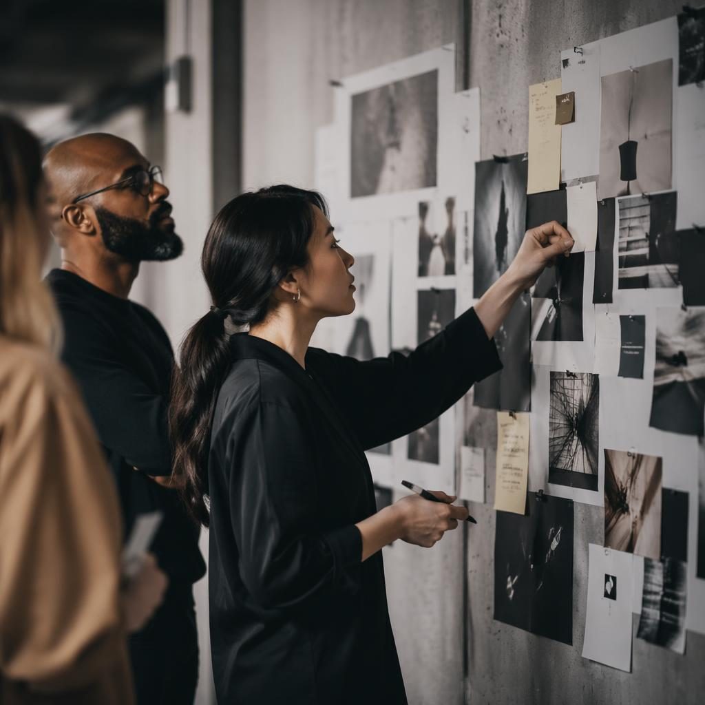 Nahaufnahme einer Moodboard-Wand in einer B2B-Strategie-Agentur mit Betonoptik, Editorial-Licht und diversen Teamdetails