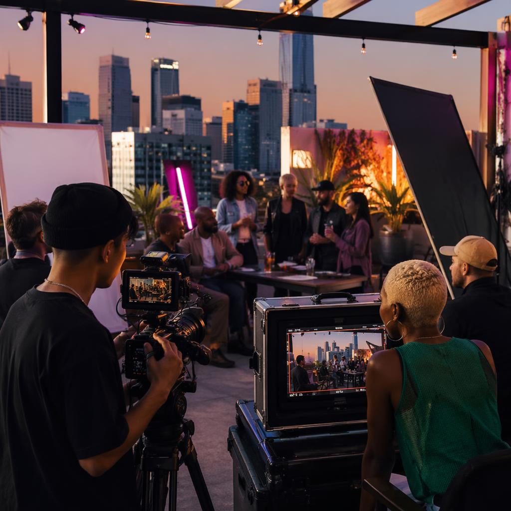 Diverse video production agency team at a rooftop event with vibrant editorial lighting and a creative city backdrop