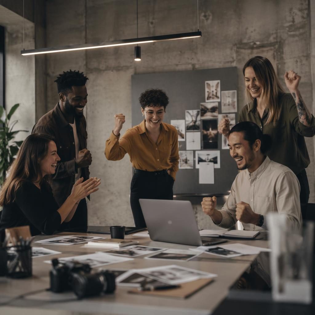 Diverses Team einer B2B-Strategieagentur feiert einen Launch in urbanem Studio mit Betonoptik und edlem Licht