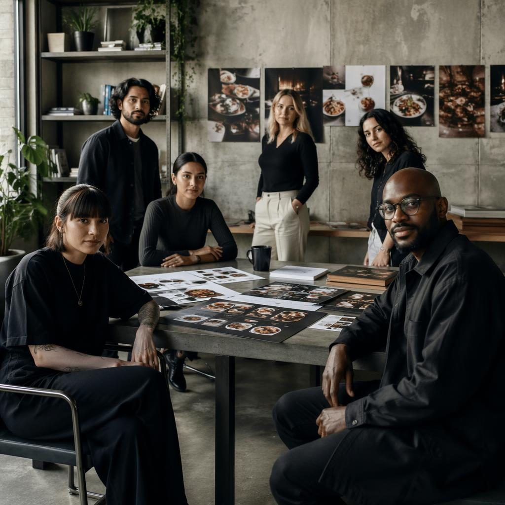 Wide agency studio scene with a diverse SEO and content team in an industrial concrete space with editorial lighting.