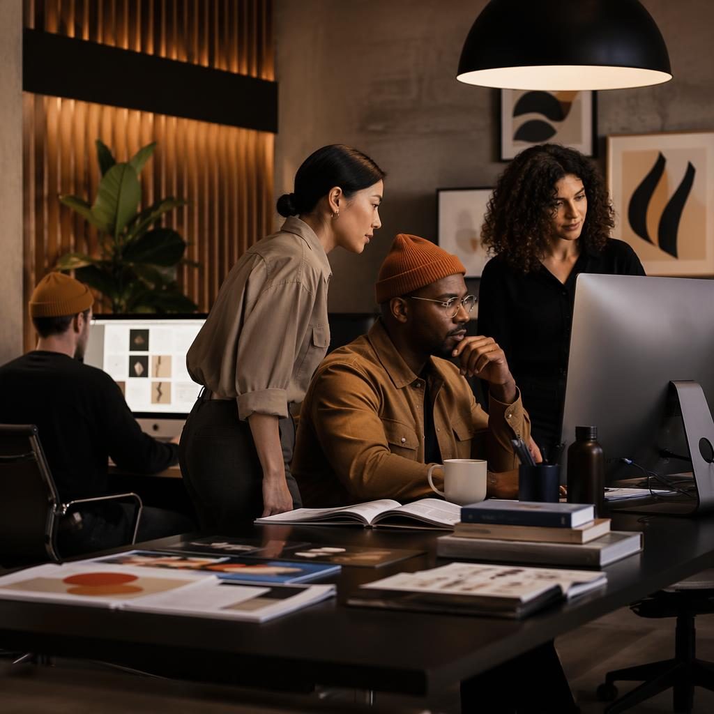 Diverse creative agency team working at computer screens in a warm boutique studio with edgy editorial lighting