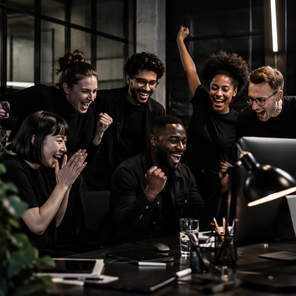 Diverse growth hacking agency team celebrating a launch in an edgy black studio with editorial lighting and accent tones