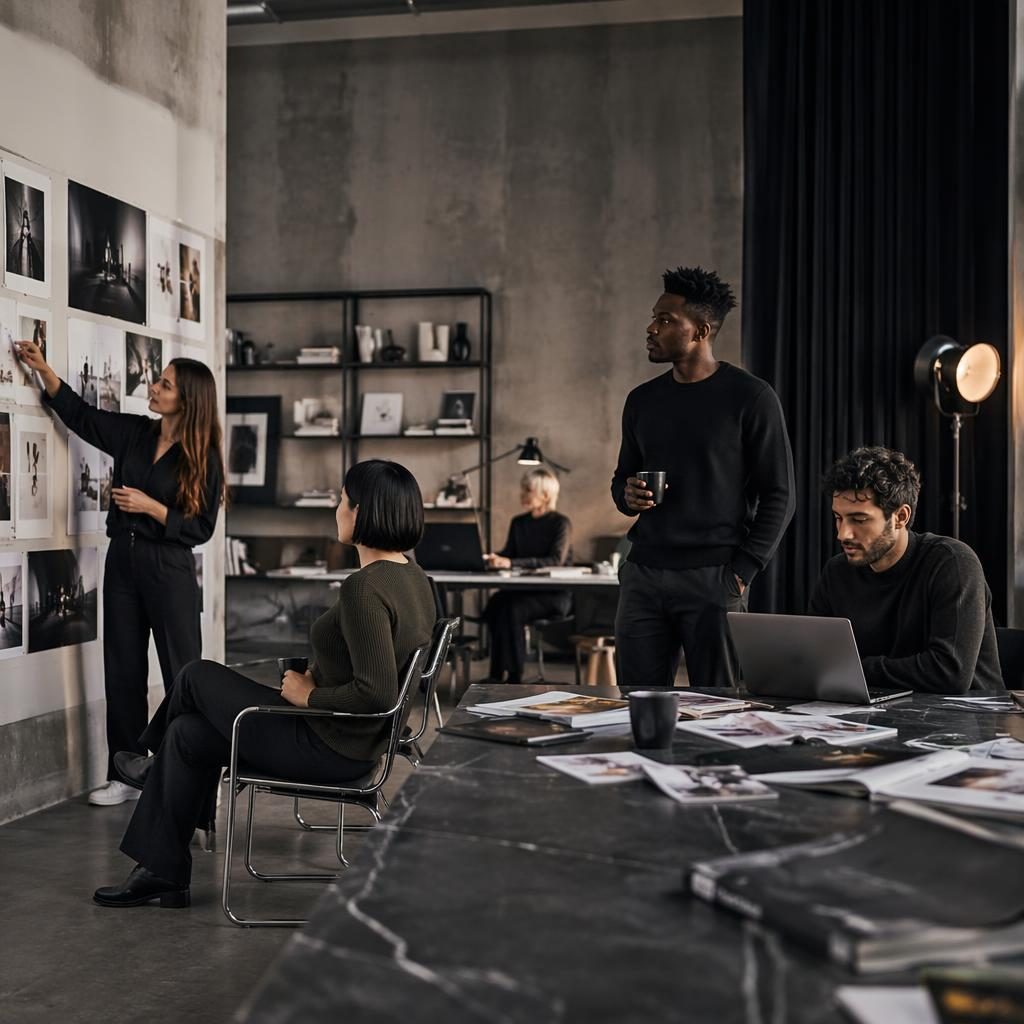 Weites Designstudio mit Betonoptik, diversen Teammitgliedern und editorialer Lichtstimmung ohne sichtbare Logos