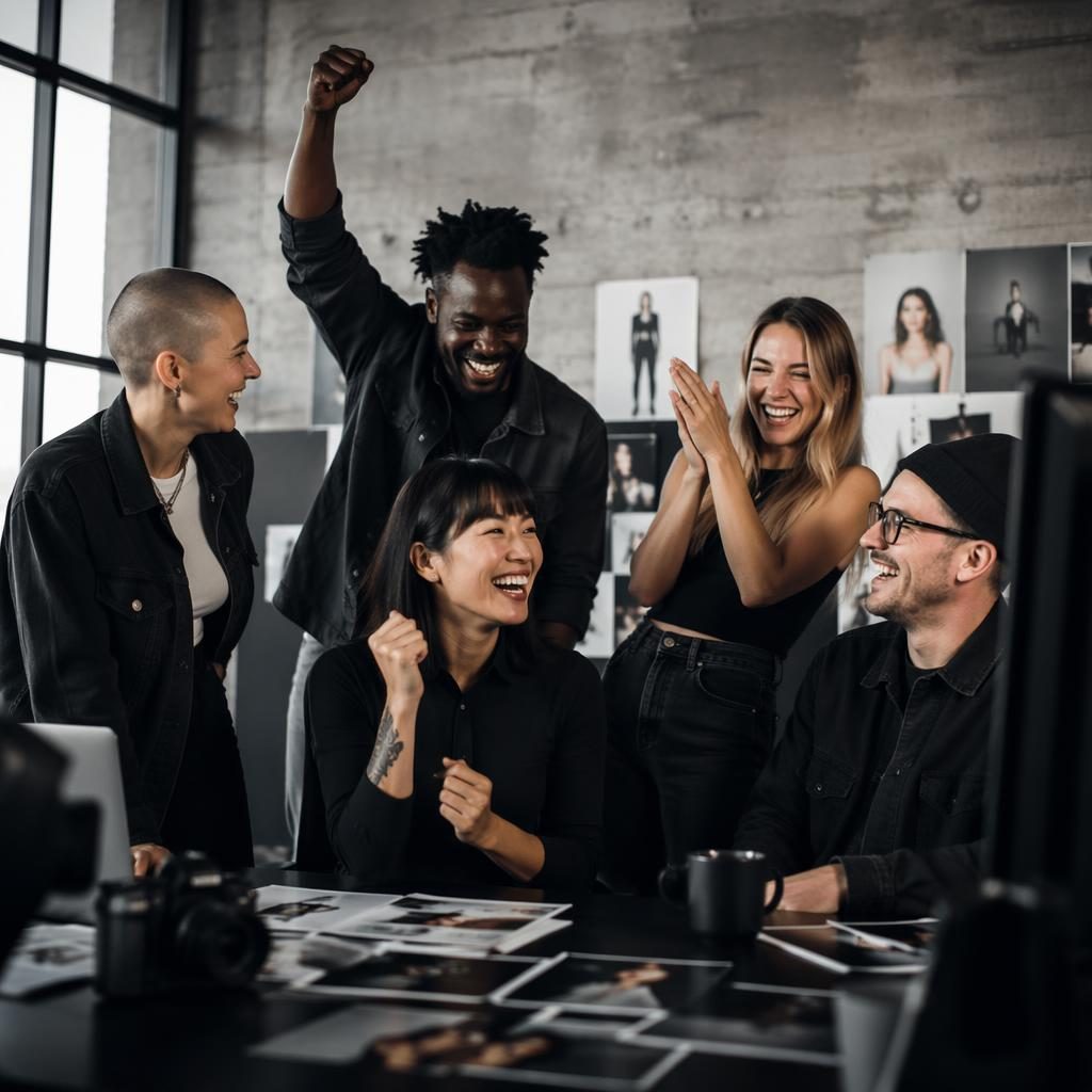 Diverses Designstudio-Team feiert einen Launch in einem Studio mit Betonoptik und editorialer Lichtstimmung.