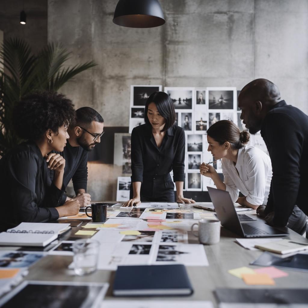 Diverse strategy team brainstorming in a concrete-toned studio with editorial lighting and modern agency styling.