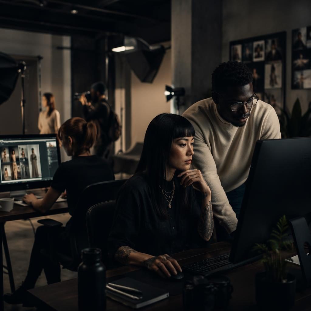 Diverses Kreativteam arbeitet an Bildschirmen in einer dunklen Social-Media-Agentur mit moody Editorial-Licht
