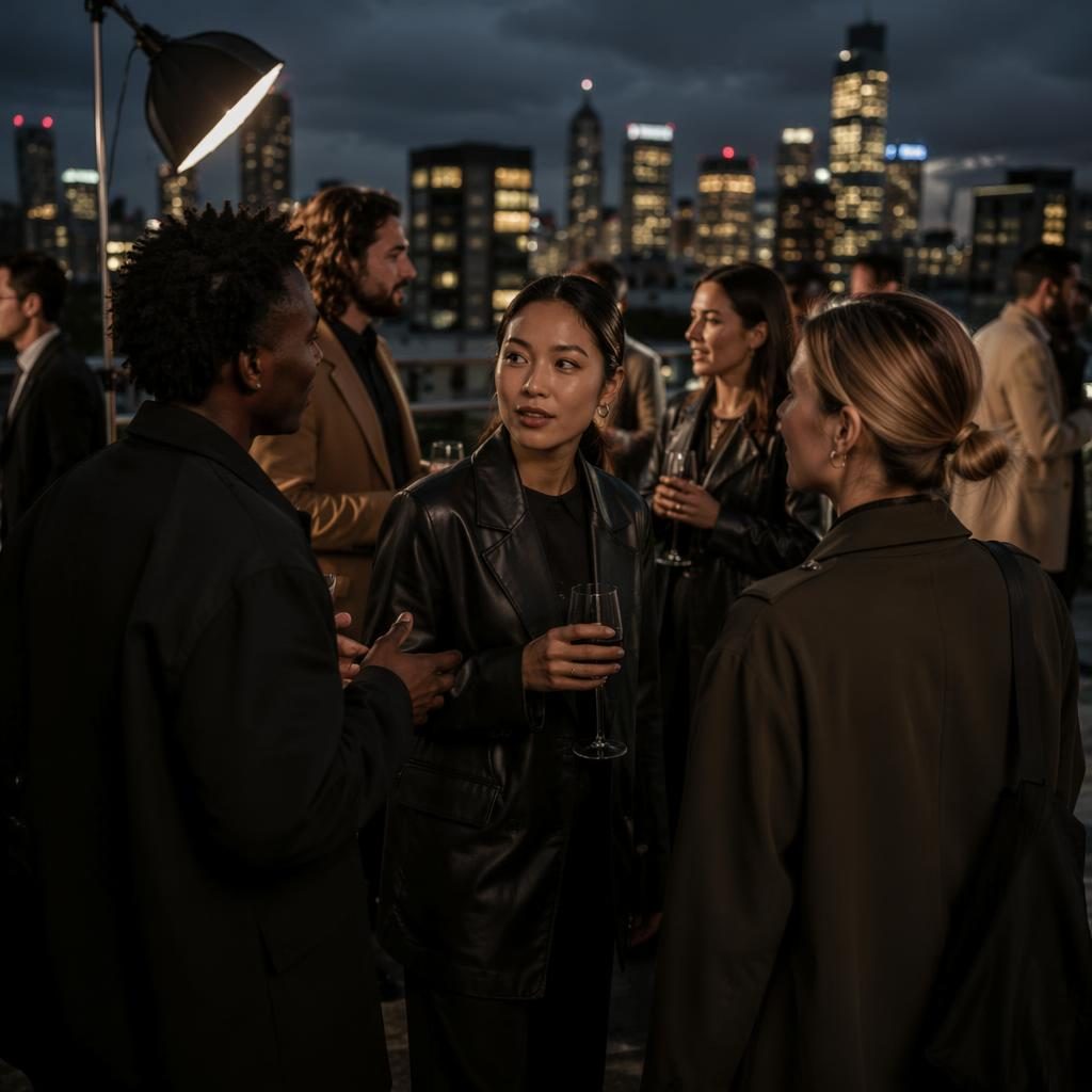 Diverses PR-Agenturteam bei einem Rooftop-Event in dunkler, moody Inszenierung mit magazinreifem Studiolicht.
