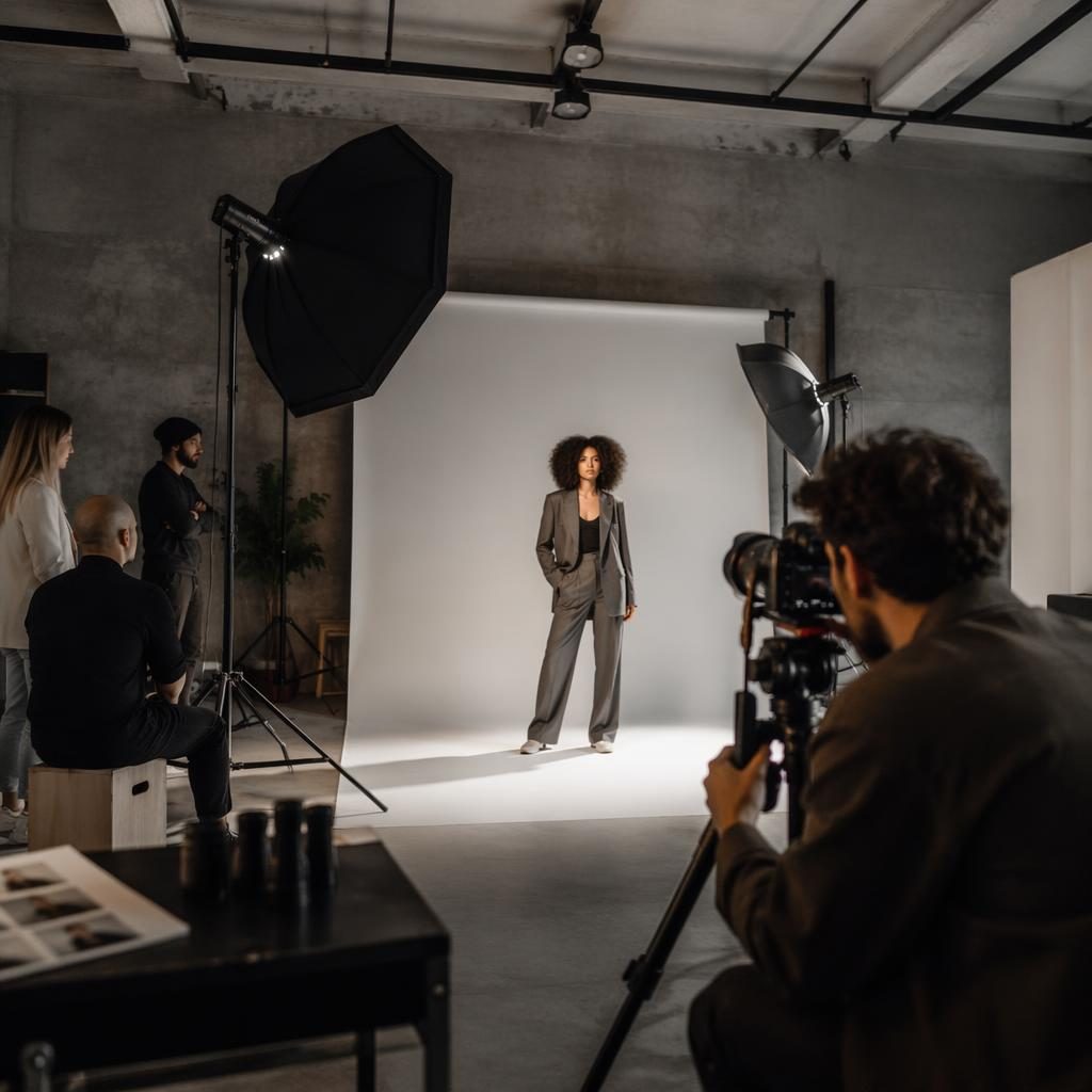 Weites Agenturstudio mit diversem Team, Betonoptik und editorialer Lichtstimmung beim fotografieren mit studioblitz.
