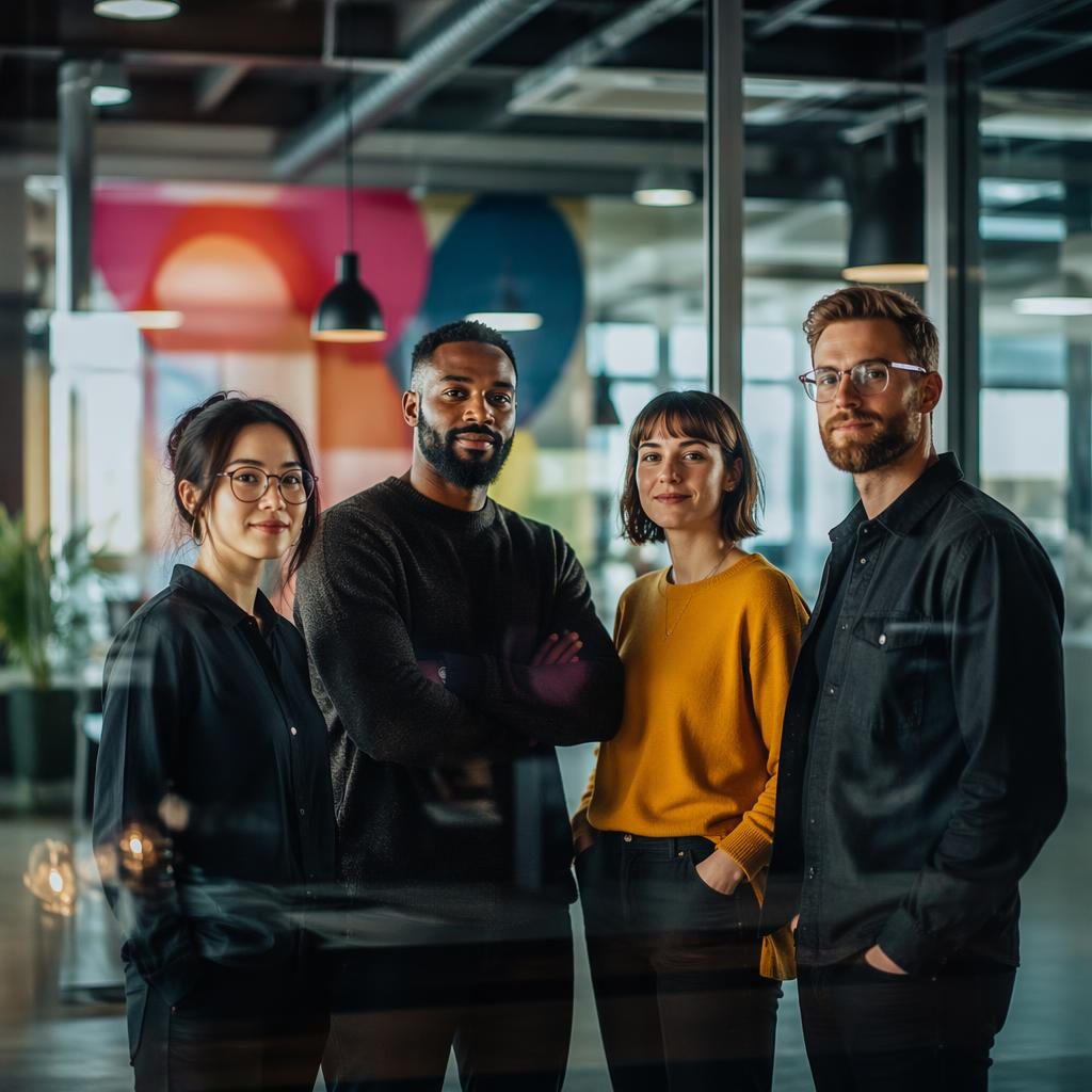 Gründerteam einer Digital-Marketing-Agentur hinter Glas im Büro, diverse Teammitglieder, kreative Farben, editoriale Lichtstimmung