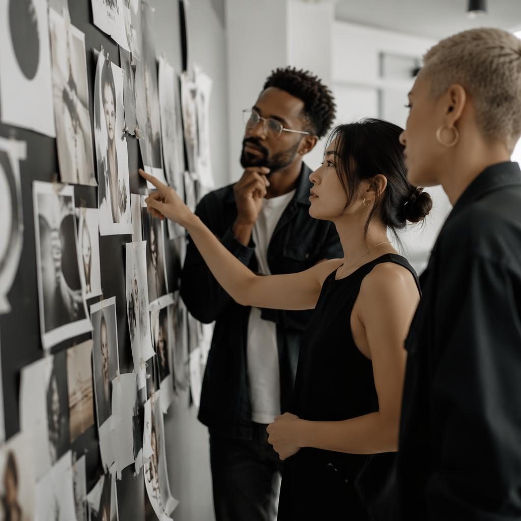 Close-up of a monochrome PR agency moodboard wall with editorial lighting and diverse team hands arranging visual notes.